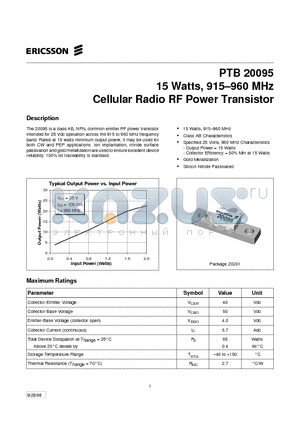 PTB20095 datasheet - 15 Watts, 915-960 MHz Cellular Radio RF Power Transistor