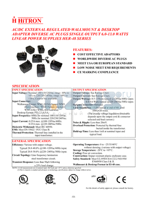 HER-48 datasheet - AC/DC EXTERNAL REGULATED WALLMOUNT & DESKTOP ADAPTER DIVERSE AC PLUGS SINGLE OUTPUT 6.0-13.0 WATTS LINEAR POWER SUPPLIES