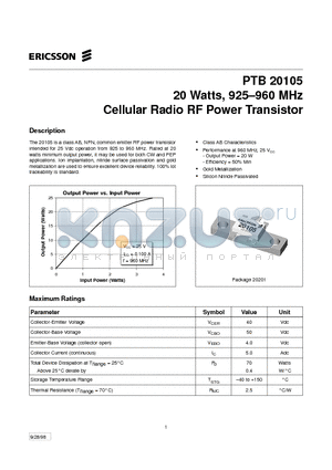 PTB20105 datasheet - 20 Watts, 925-960 MHz Cellular Radio RF Power Transistor