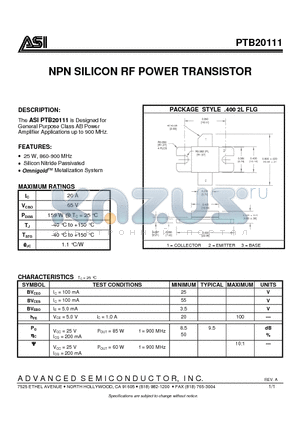 PTB20111 datasheet - NPN SILICON RF POWER TRANSISTOR
