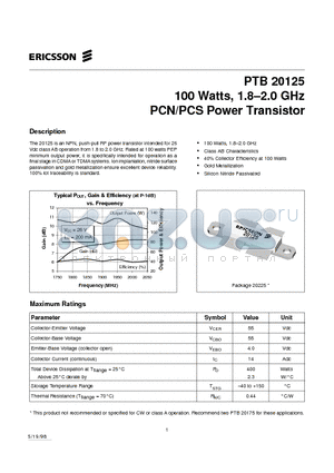 PTB20125 datasheet - 100 Watts, 1.8-2.0 GHz PCN/PCS Power Transistor