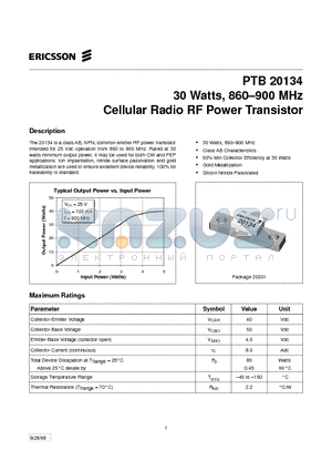 PTB20134 datasheet - 30 Watts, 860-900 MHz Cellular Radio RF Power Transistor
