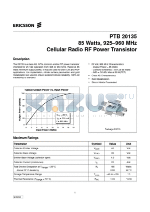 PTB20135 datasheet - 85 Watts, 925-960 MHz Cellular Radio RF Power Transistor