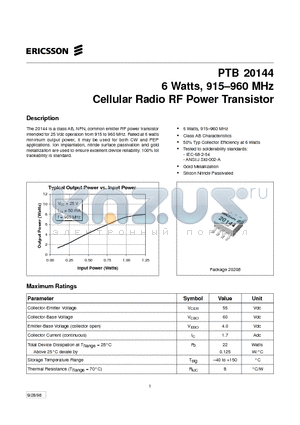 PTB20144 datasheet - 6 Watts, 915-960 MHz Cellular Radio RF Power Transistor