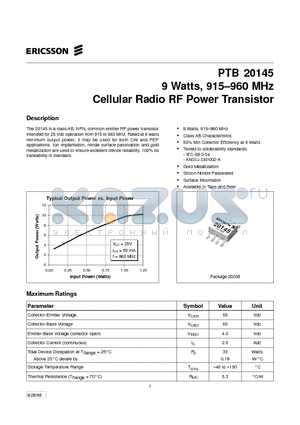 PTB20145 datasheet - 9 Watts, 915-960 MHz Cellular Radio RF Power Transistor