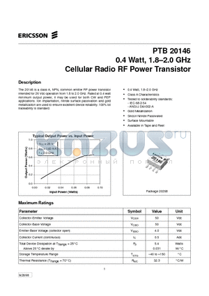 PTB20146 datasheet - 0.4 Watt, 1.8-2.0 GHz Cellular Radio RF Power Transistor