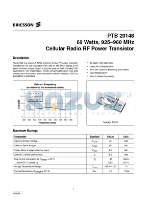 PTB20148 datasheet - 60 Watts, 925-960 MHz Cellular Radio RF Power Transistor
