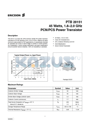 PTB20151 datasheet - 45 Watts, 1.8-2.0 GHz PCN/PCS Power Transistor