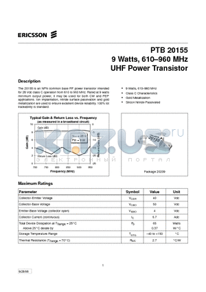PTB20155 datasheet - 9 Watts, 610-960 MHz UHF Power Transistor