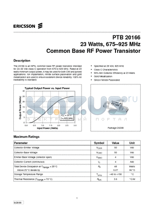PTB20166 datasheet - 23 Watts, 675-925 MHz Common Base RF Power Transistor