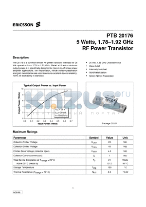 PTB20176 datasheet - 5 Watts, 1.78-1.92 GHz RF Power Transistor
