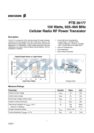 PTB20177 datasheet - 150 Watts, 925-960 MHz Cellular Radio RF Power Transistor