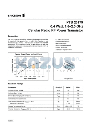 PTB20179 datasheet - 0.4 Watt, 1.8-2.0 GHz Cellular Radio RF Power Transistor
