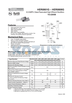 HER0805G datasheet - 8.0 AMPS. Glass Passivated High Efficient Rectifiers