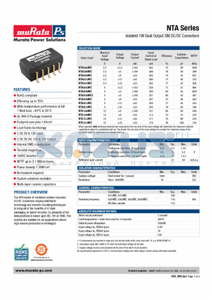 NTA0309MC datasheet - Isolated 1W Dual Output SM DC/DC Converters