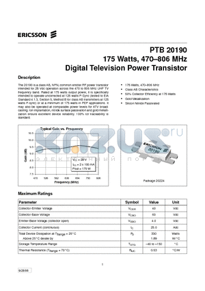 PTB20190 datasheet - 175 Watts, 470-806 MHz Digital Television Power Transistor
