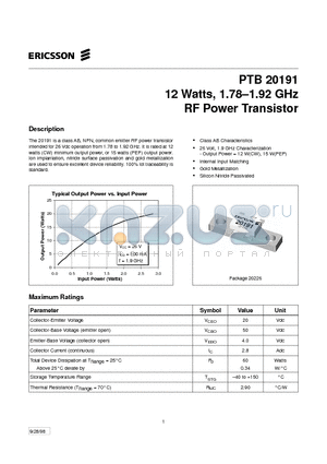 PTB20191 datasheet - 12 Watts, 1.78-1.92 GHz RF Power Transistor