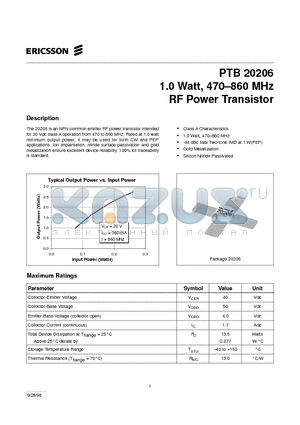 PTB20206 datasheet - 1.0 Watt, 470-860 MHz RF Power Transistor