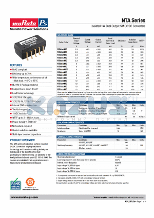 NTA0509MC datasheet - Isolated 1W Dual Output SM DC/DC Converters