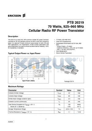 PTB20219 datasheet - 70 Watts, 925-960 MHz Cellular Radio RF Power Transistor