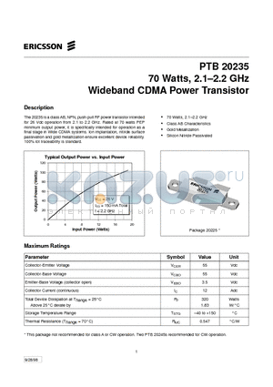 PTB20235 datasheet - 70 Watts, 2.1-2.2 GHz Wideband CDMA Power Transistor