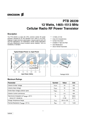 PTB20239 datasheet - 12 Watts, 1465-1513 MHz Cellular Radio RF Power Transistor