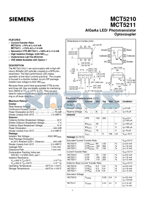 MCT5210 datasheet - AlGaAs LED/ Phototransistor Optocoupler