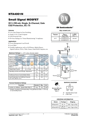 NTA4001N datasheet - Small Signal MOSFET 20 V, 238 mA, Single, N−Channel, Gate ESD Protection, SC−75