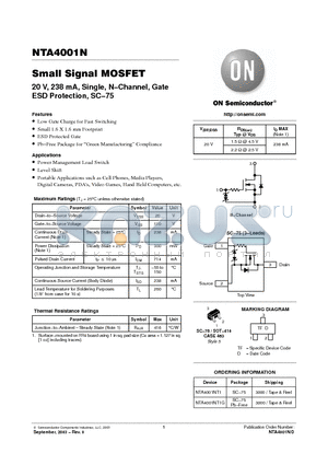 NTA4001NT1 datasheet - Small Signal MOSFET 20 V, 238 mA, Single, N−Channel, Gate ESD Protection, SC−75