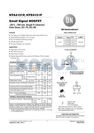 NTA4151PT1G datasheet - Small Signal MOSFET −20 V, −760 mA, Single P−Channel, Gate Zener, SC−75, SC−89