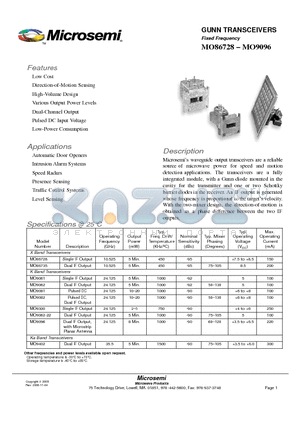 MO9300 datasheet - GUNN TRANSCEIVERS Fixed Frequency