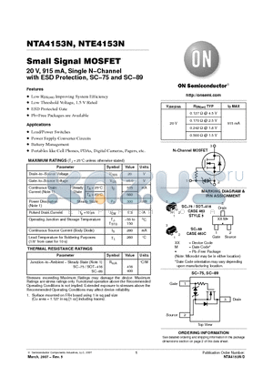NTA4153NT1G datasheet - Small Signal MOSFET 20 V, 915 mA, Single N−Channel with ESD Protection, SC−75 and SC−89