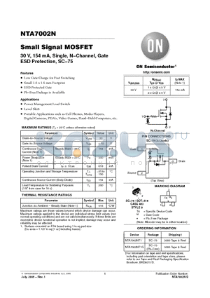 NTA7002NT1 datasheet - Small Signal MOSFET 30 V, 154 mA, Single, N−Channel, Gate ESD Protection, SC−75