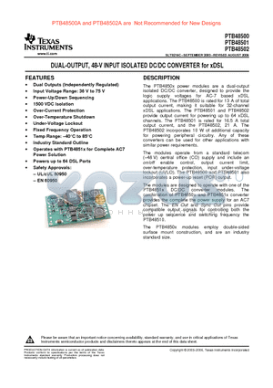 PTB48500A datasheet - DUAL-OUTPUT, 48-V INPUT ISOLATED DC/DC CONVERTER for xDSL