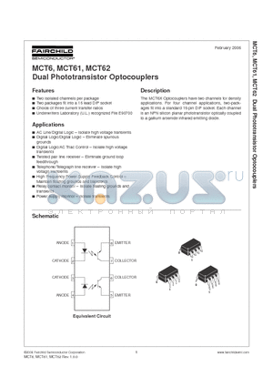 MCT6 datasheet - Dual Phototransistor Optocouplers