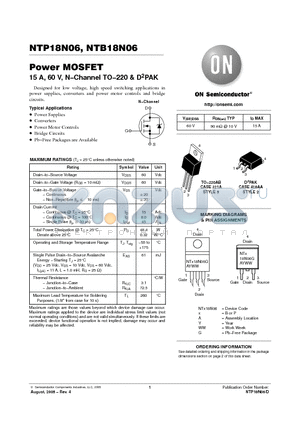 NTB18N06G datasheet - Power MOSFET 15 A, 60 V, N−Channel TO−220 & D2PAK