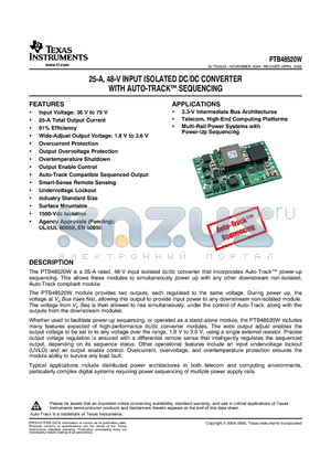 PTB48520W datasheet - 25-A, 48-V INPUT ISOLATED DC/DC CONVERTER WITH AUTO-TRACK SEQUENCING