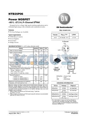 NTB25P06 datasheet - Power MOSFET -60 V, -27.5 A, P-Channel D2PAK