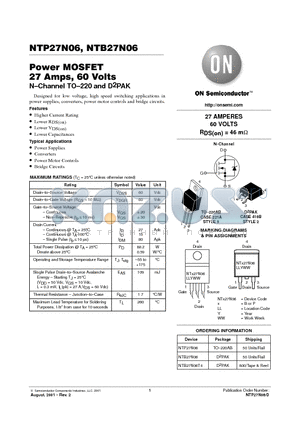 NTB27N06T4 datasheet - Power MOSFET 27 Amps, 60 Volts N-Channel TO-220 and D2PAK