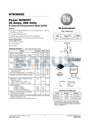 NTB30N20 datasheet - Power MOSFET 30 Amps, 200 Volts N−Channel Enhancement−Mode D2PAK