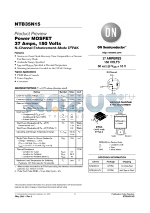 NTB35N15 datasheet - Power MOSFET 37 Amps, 150 Volts N-Channel Enhancement-Mode D2PAK