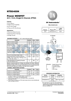 NTB5405NG datasheet - Power MOSFET 40 V, 116 A, Single N−Channel, D2PAK