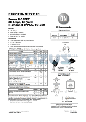 NTB5411NT4G datasheet - Power MOSFET 80 Amps, 60 Volts N-Channel D2PAK, TO-220