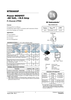 NTB5605P datasheet - Power MOSFET -60 Volt, -18.5 Amp