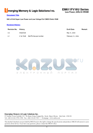 EM611FV16U datasheet - 64K x16 bit Super Low Power and Low Voltage Full CMOS Static RAM