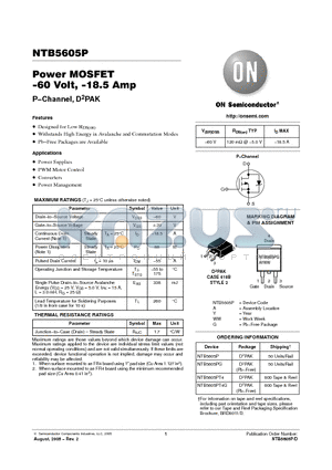 NTB5605PG datasheet - Power MOSFET -60 Volt, -18.5 Amp