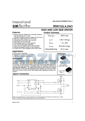 IR2011S datasheet - HIGH AND LOW SIDE DRIVER