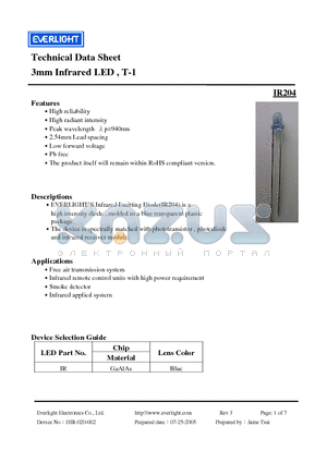 IR204 datasheet - 3mm Infrared LED , T-1