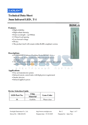 IR204C-A datasheet - 3mm Infrared LED , T-1