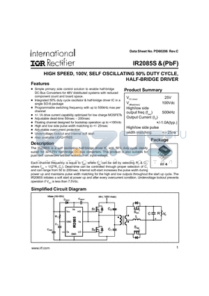 IR2085S datasheet - HIGH SPEED, 100V, SELF OSCILLATING 50% DUTY CYCLE, HALF-BRIDGE DRIVER